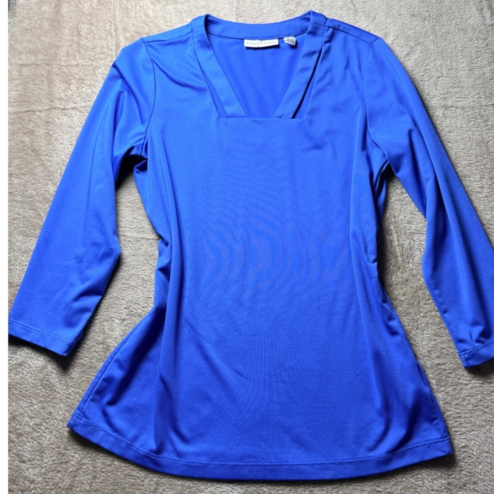 Susan Graver Liquid Knit Blue Split Neck 3/4 Sleeve Top XXS Basics Summer